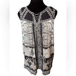 Lucky Brand Black White Hippie Boho Eclectic Embroidered Paisley Corset Tank Top